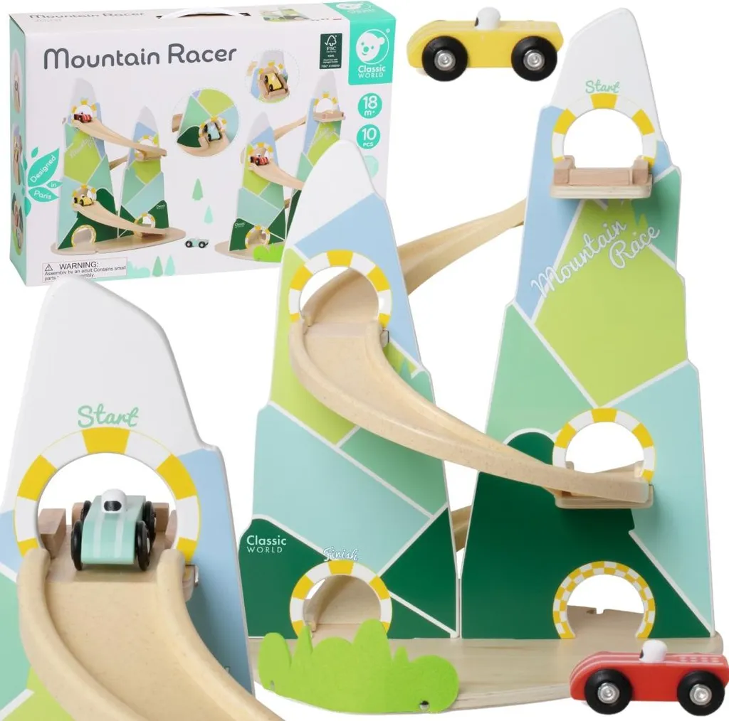 Circuit de voitures en bois pour enfant - Toboggan de course montagne 4 véhicules