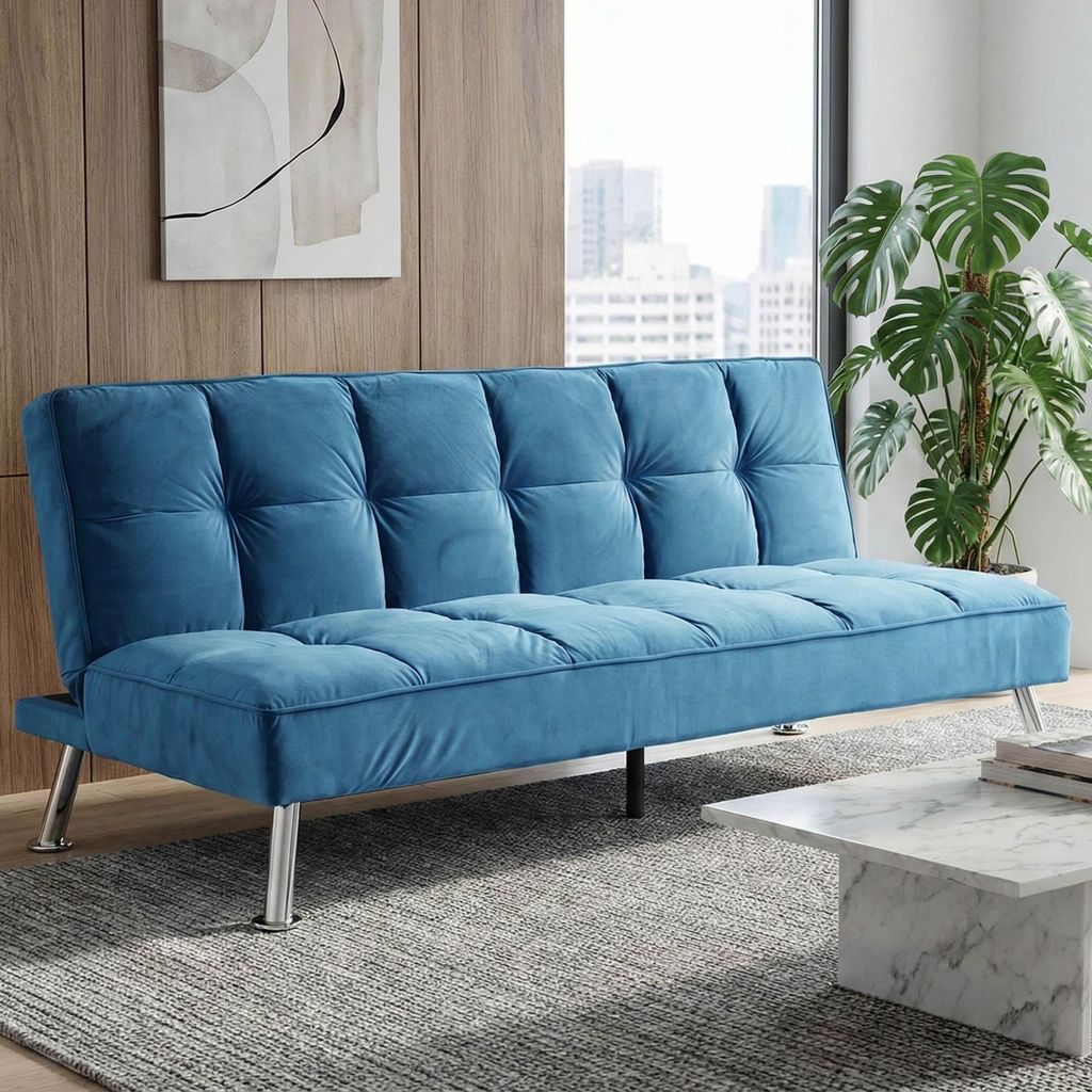 Sofa HWC-K21, Klappsofa Couch Schlafsofa, Nosagfederung Schlaffunktion Liegefläche 181x107cm Samt, blau