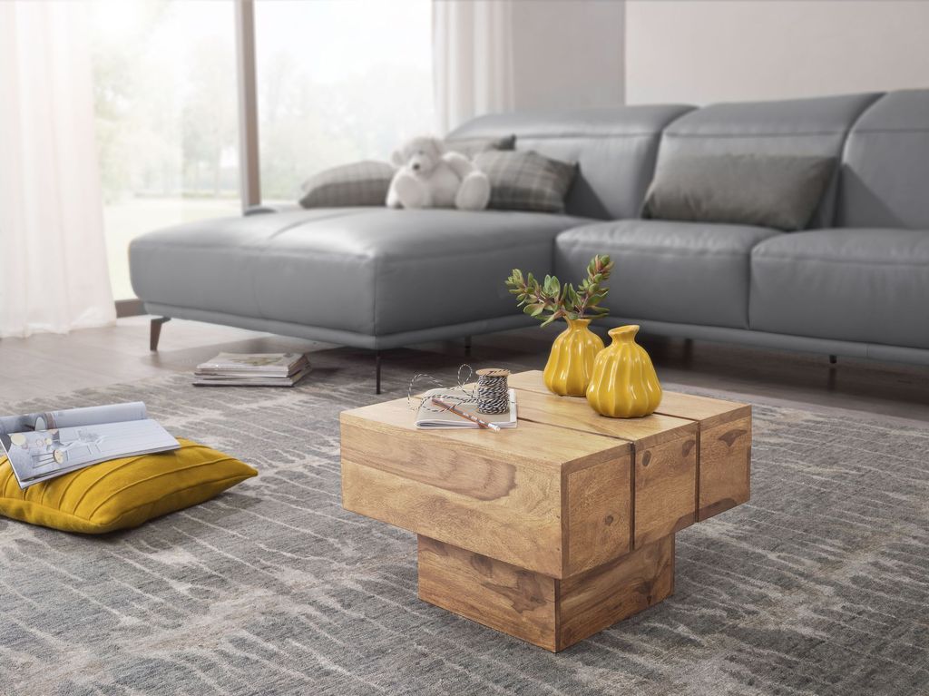 WOHNLING Beistelltisch Massivholz Akazie Wohnzimmertisch 44 x 44 x 30 cm Couchtisch Massiv Landhaus Cube quadratisch