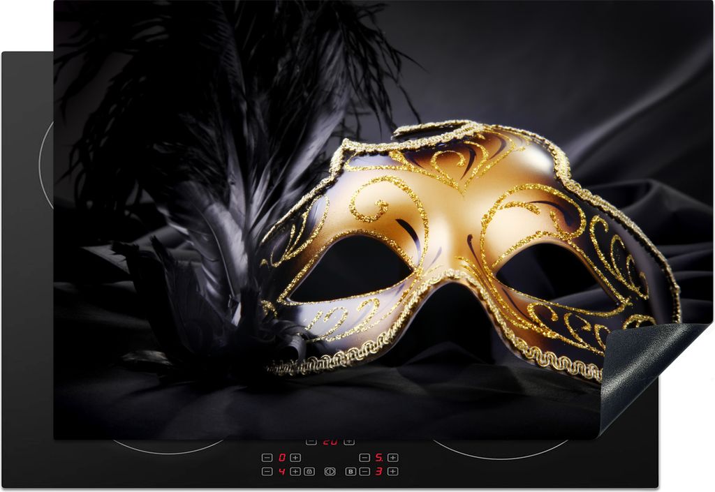 KitchenYeah Herdabdeckplatte Karneval - Goldmaske , 78x52cm, Küche Deko, Glaskeramikkochfeld Herdabdeckung, Abdeckplatte fùr Kochfeld