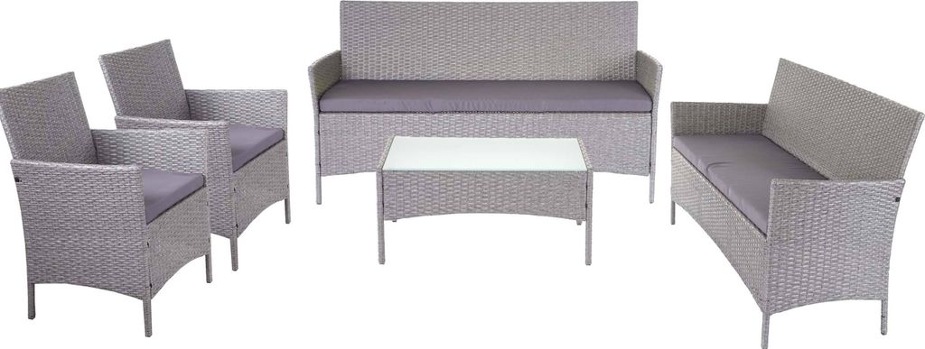 3-2-1-1 Poly-Rattan Garten-Garnitur Hamar, Lounge-Set Sitzgruppe Sofa grau, Kissen anthrazit