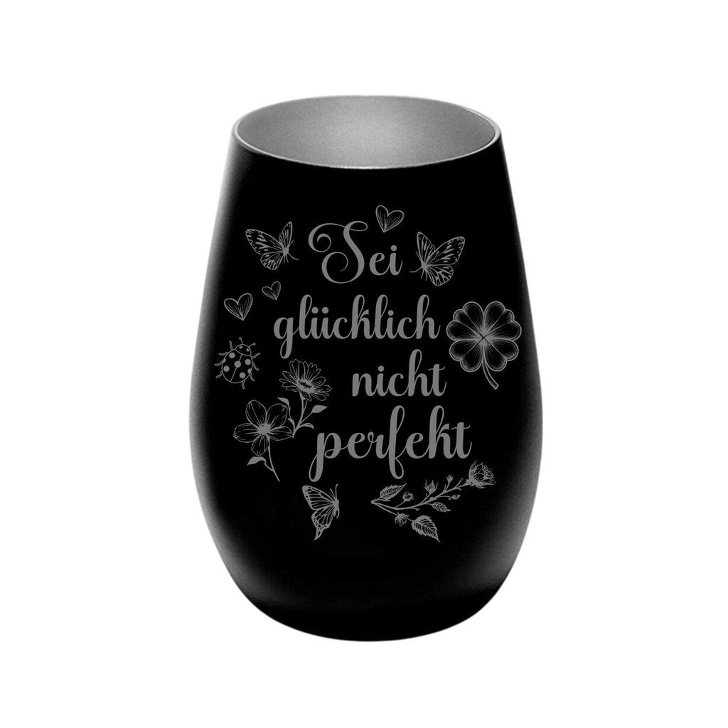 Stölzle Lausitz Windlicht schwar silber aus Glas mit Lasergravur „Sei glücklich nicht perfekt“, persönliches Geschenk für Freunde, Familie ...