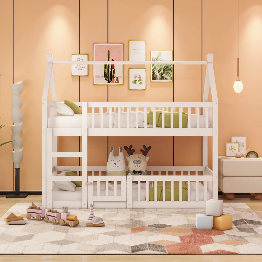 Lit Superposé Sweiko 90x200 avec Escalier, Bois Massif Blanc - Loft Design - 2