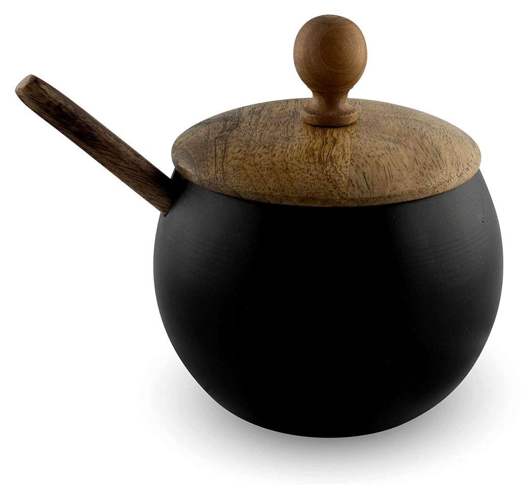 Zuckerdose mit Holzdeckel und Löffel für Haus und Küche, Trommelform (mattschwarzes Finish)