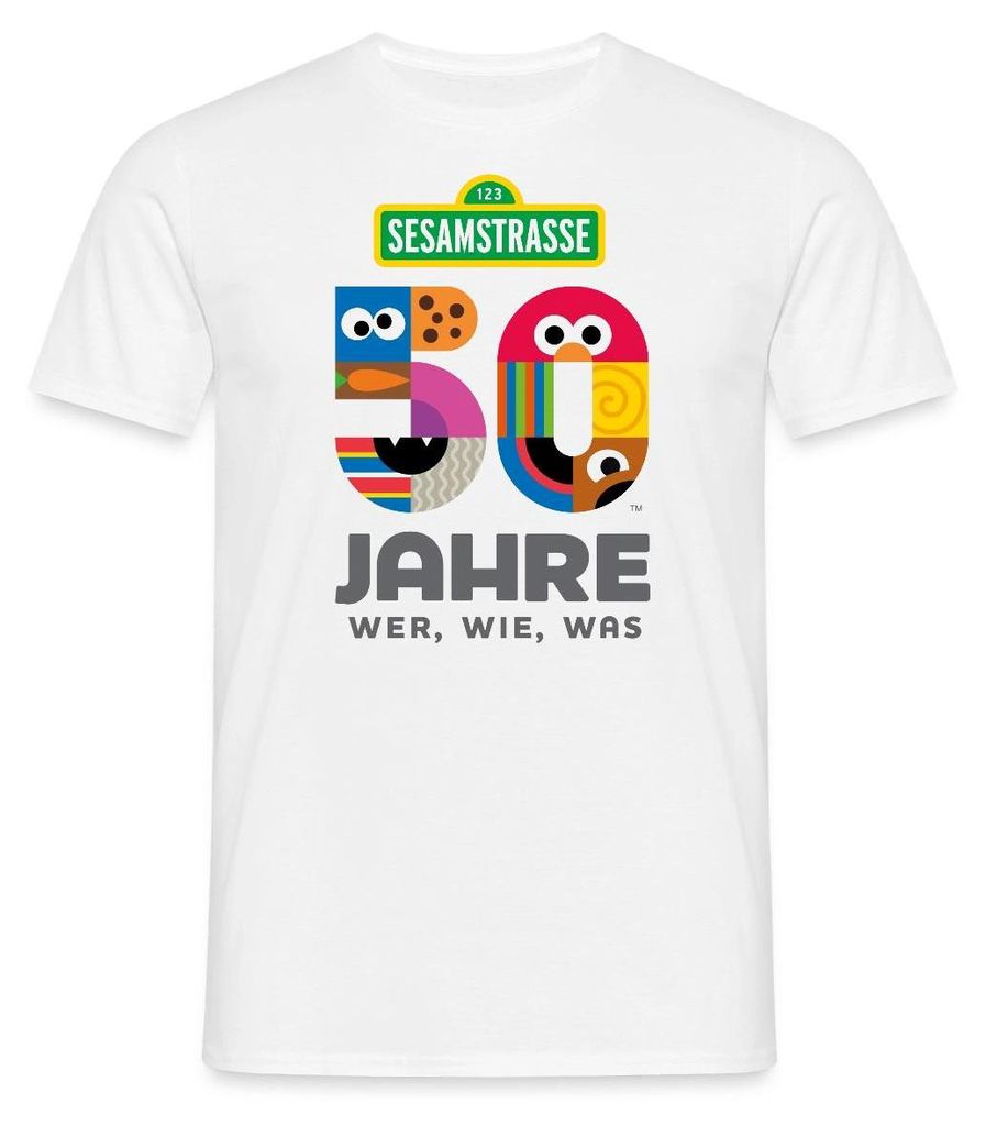 Spreadshirt Sesamstraße 50 Jahre Jubiläum Wer, Wie, Was Männer T-Shirt, M, Weiß