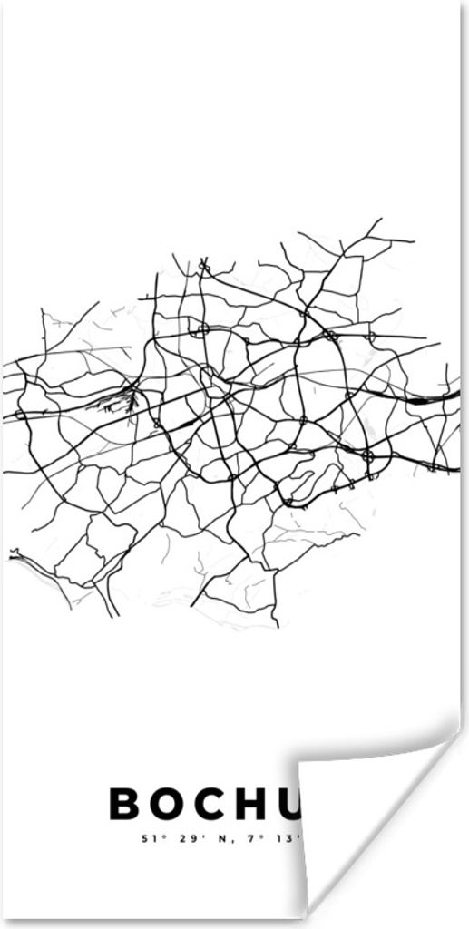 MuchoWow Poster Deutschland - Bochum - Stadtplan - Karte - Schwarz-Weiß - Karte 60x120 cm - Wandschmuck