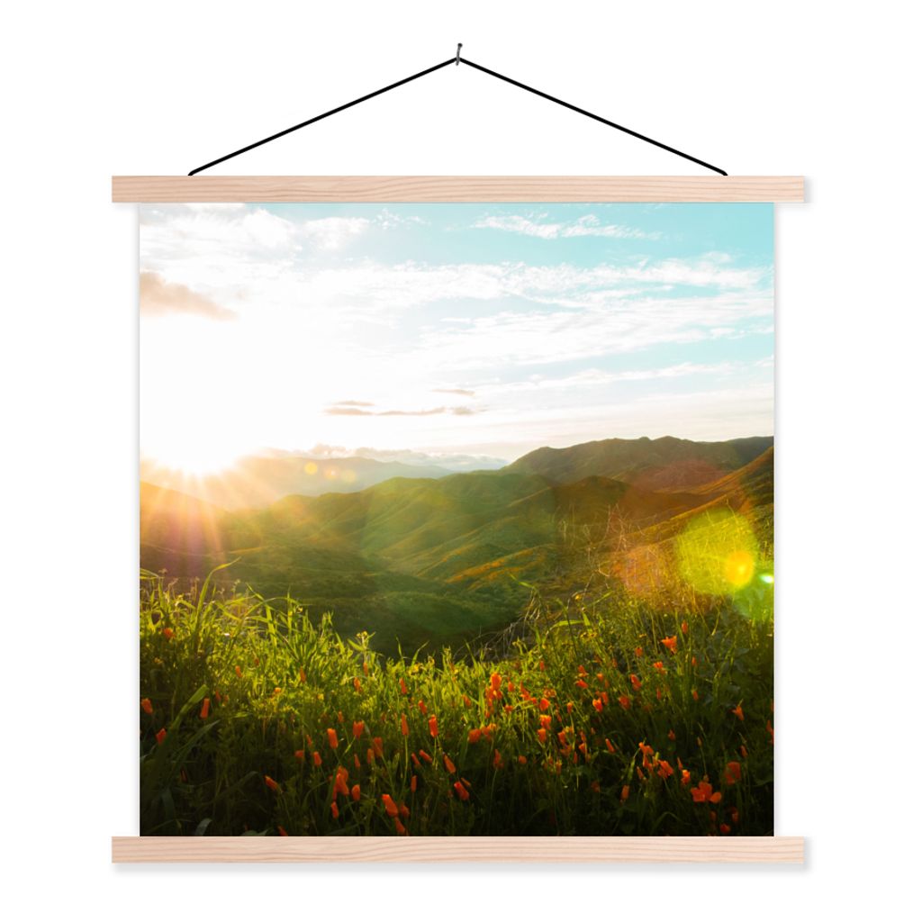 MuchoWow Textilposter Hügel - Sonnenuntergang - Gras - Grün 60x60 cm mit holzfarbenen Rahmen - Wanddekoration