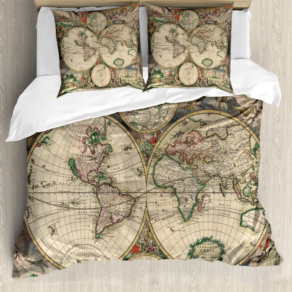 ABAKUHAUS Weltkarte Bettbezug Set, Antikes Design mit Renaissance-Figuren Kontinente und Hemisphären Vintage Art, 155 x 220 cm + 80 x 80 cm, Mehrf...