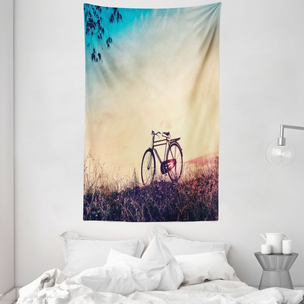 ABAKUHAUS Jahrgang Wandteppich und Tagesdecke, Sonnenuntergang Fahrrad Pastell aus Weiches Mikrofaser Stoff Waschbar ohne Verblassen Digitaldruck, ...