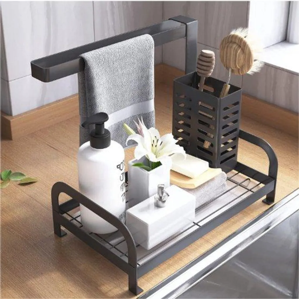 Égouttoir noir avec porte-éponge, brosse et barre à serviette intégré