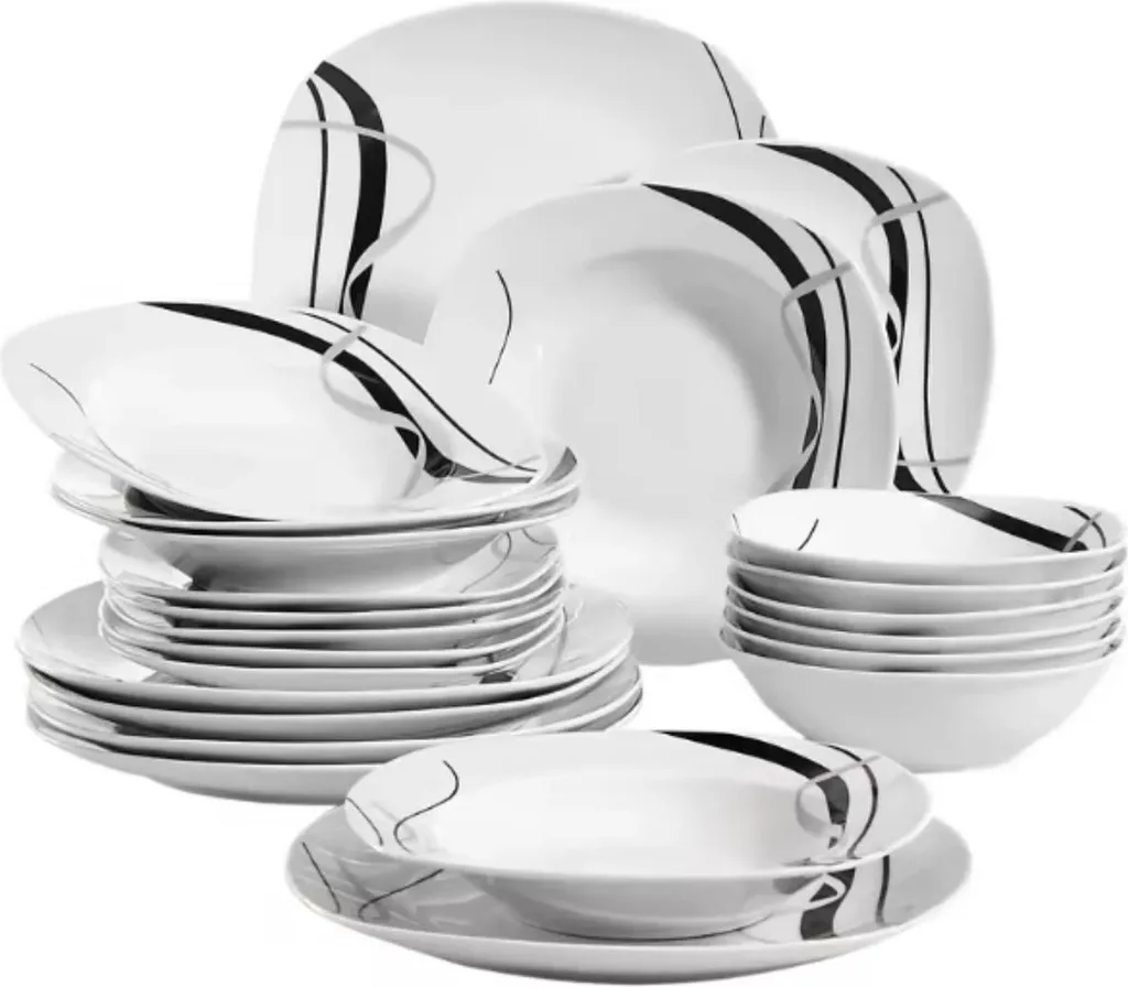 Servizio Piatti 24 Pezzi Montario Ceramica Bianco e Nero per 6 Persone