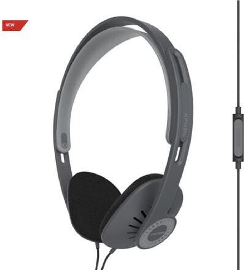 A pair of gray on-ear headphones with a black ear cushion, presented on a white background.