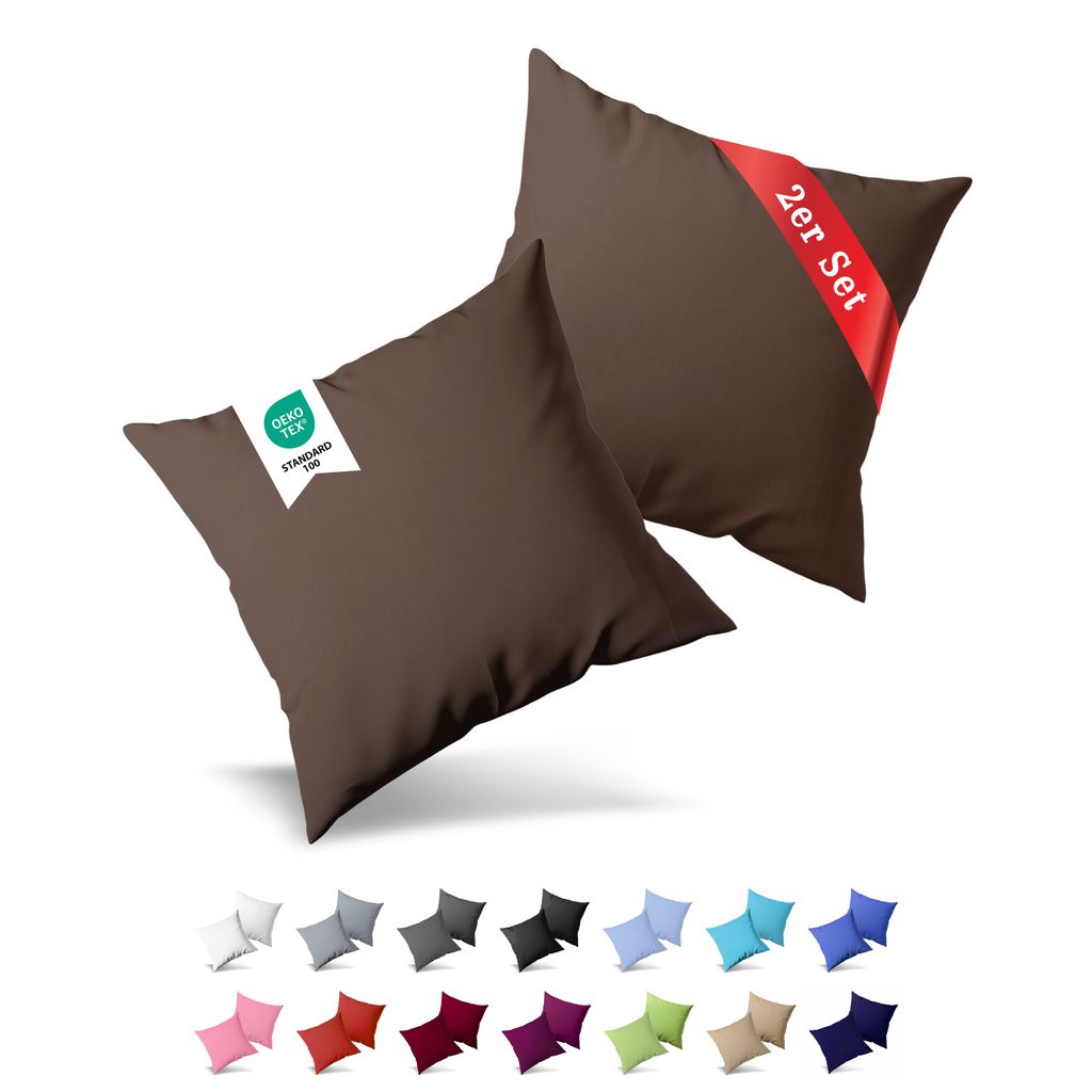 2er Pack Kissenbezug Kissenhülle 40x60 cm Uni Baumwolle mit Reißverschluss Braun