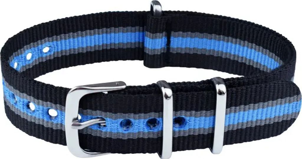ClassicWatchStraps Nylon Uhrenarmband - Schwarz/Hellblau, 18 mm, Silber poliert