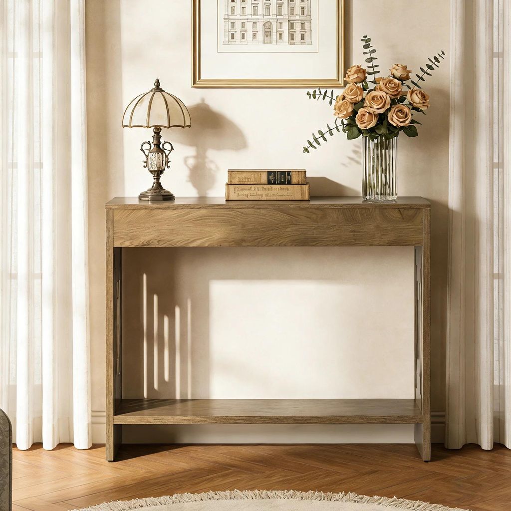Konsolentisch hinter Sofa - Schmaler Flurtisch - 2‐stöckiger Holztisch - Landhausstil - Mit Ablageböden - 105×30×80 cm - Rustikales Braun