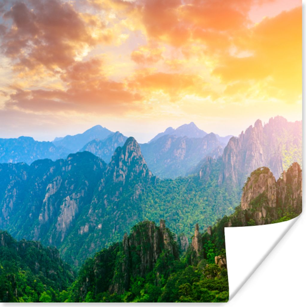 MuchoWow Poster Berge - Bäume - Sonnenuntergang - Natur 75x75 cm - Wand Dekoration