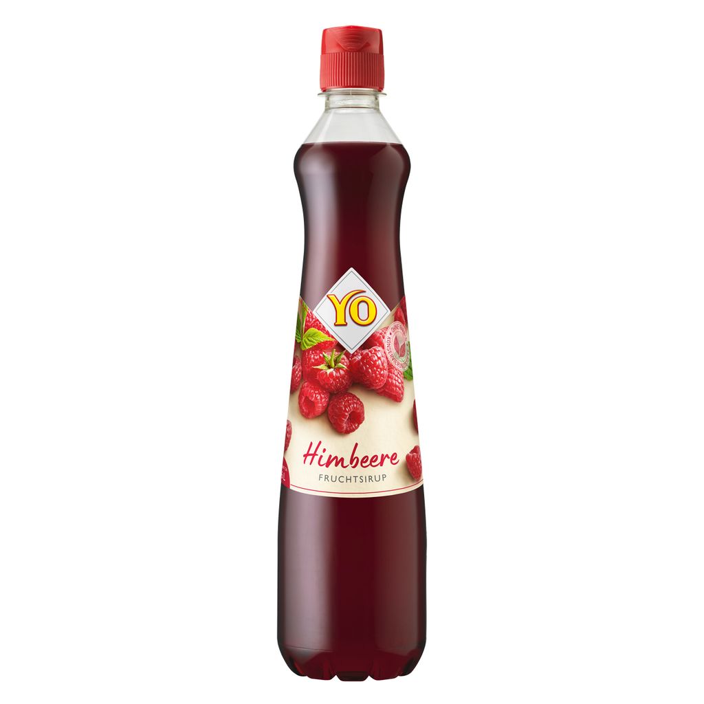 A bottle of raspberry syrup on a white background.