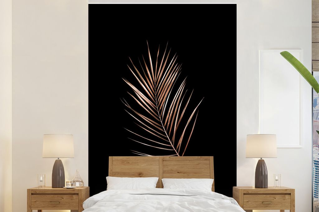 MuchoWow Fototapete für Wohnzimmer oder Schlafzimmer Wandtapete Vinyl Motivtapete Blatt - Feder - Schwarz und Gold - 180x280 cm - Wallpaper