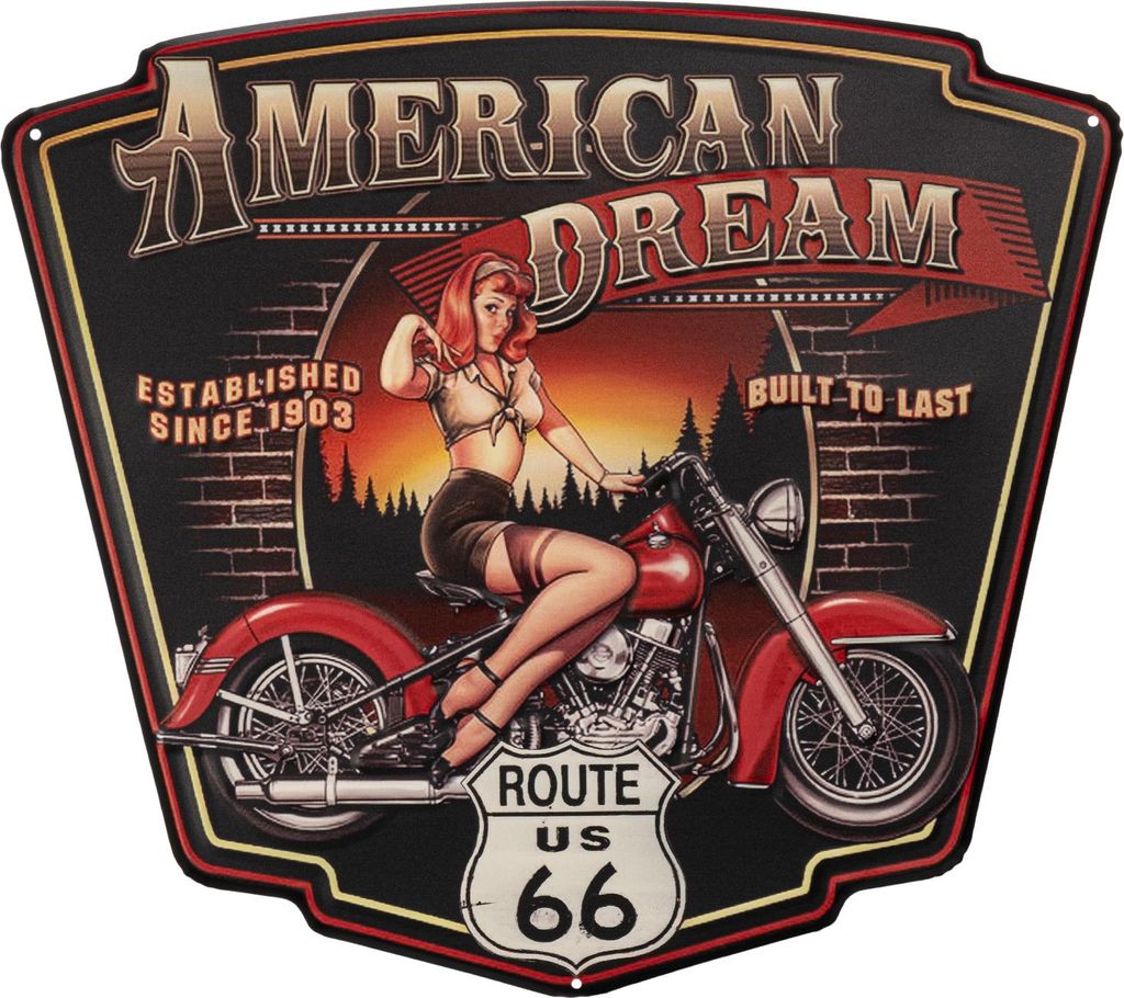 Moritz Blechschild 50 x 44 cm American Dream Route 66 US Motorrad Frau Deko Metallschild Retro Vintage Retro Sprüche lustig