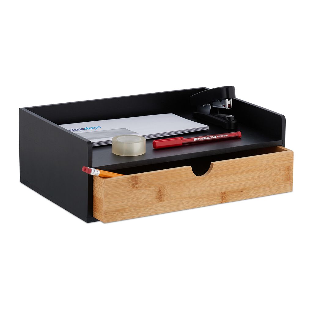 Relaxdays Organiseur de bureau en bambou Rangement 1 tiroir Image du produit 