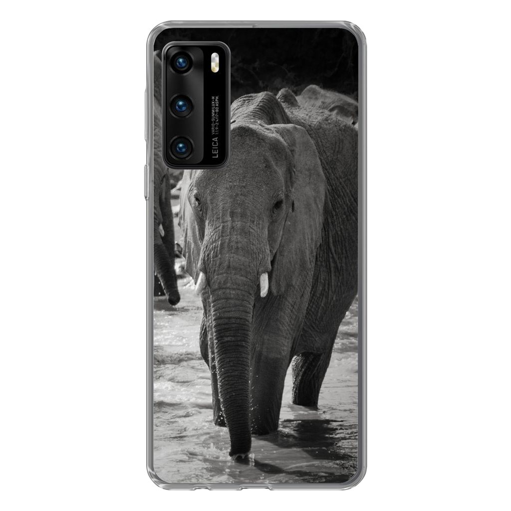MuchoWow Handyhülle Schutzhülle Hülle für Huawei P40 Elefant - Tiere - Wasser - Schwarz und weiß Silikon Softcase Handy Hülle - Handytasche