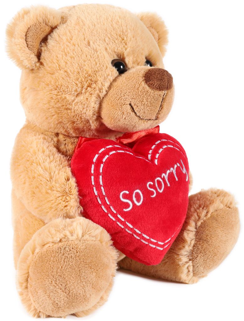 A teddy bear holding a heart with text on it.
