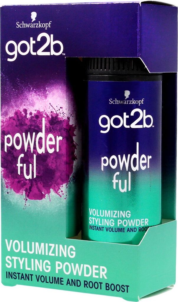 A product shot of Schwarzkopf Got2B Powder Ful Styling Hair Powder, showing the packaging and the product container.