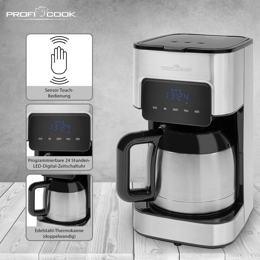 A coffee maker and its features are presented through a collage.