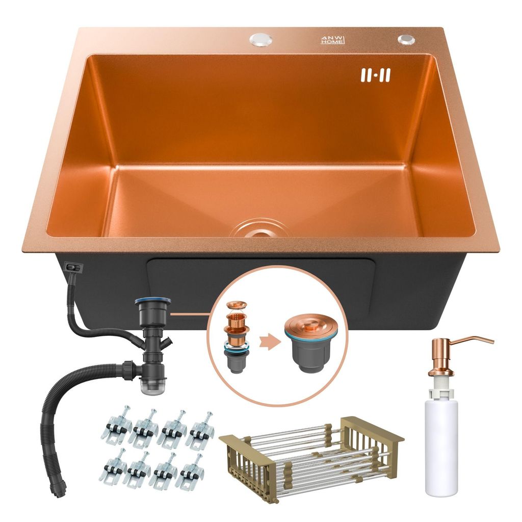 ANW HOME Küchenspüle 60x50 cm Edelstahl Spüle Rose Gold Einbauspüle 1 Becken mit Siphon Seifenspender Korb Abtropfset modern