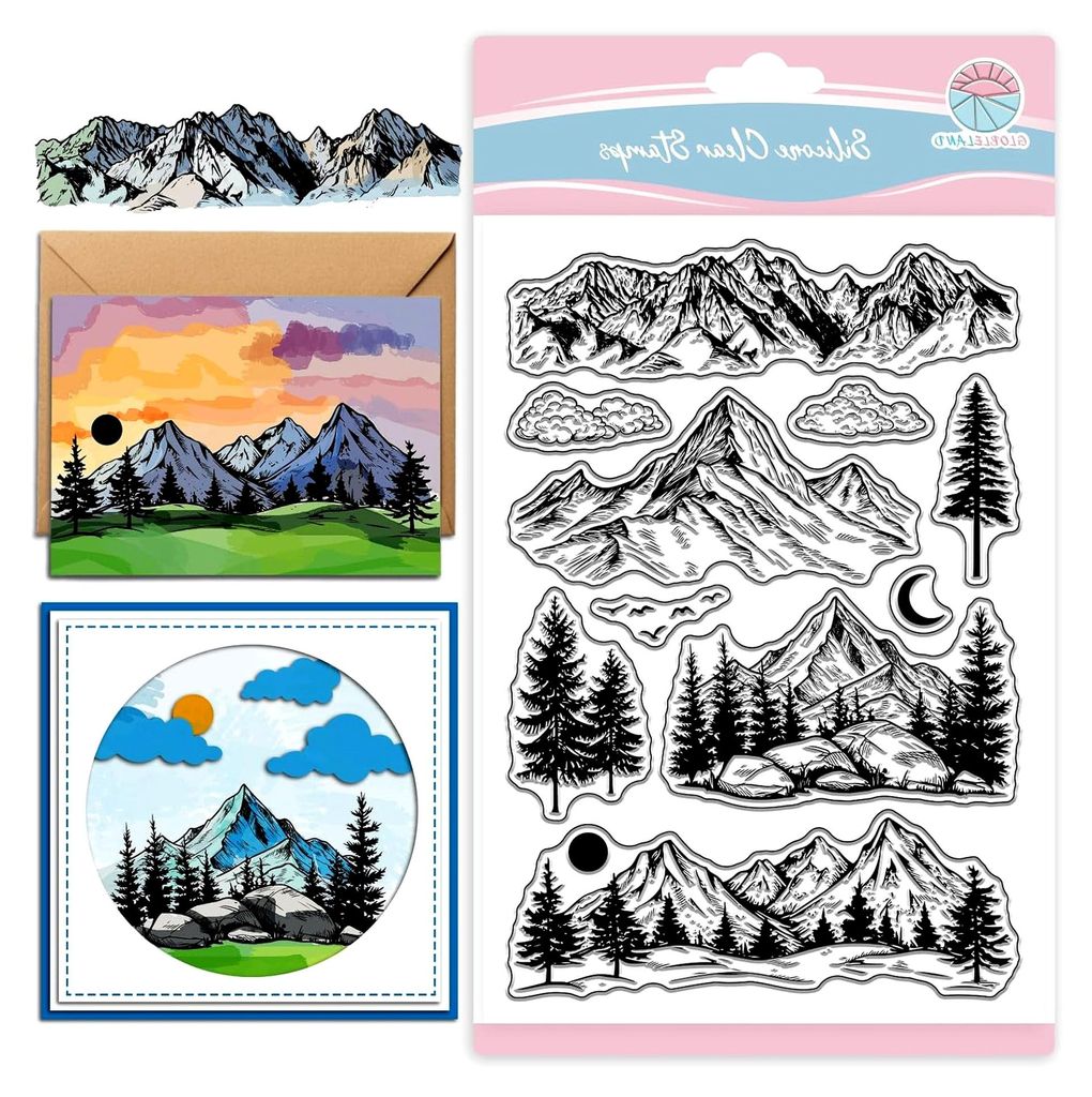 Berg- und Baumstempel für Scrapbooking mit Wolken, Sonne und Mond, transparenter Silikonstempel für Kartengestaltung und Journaling