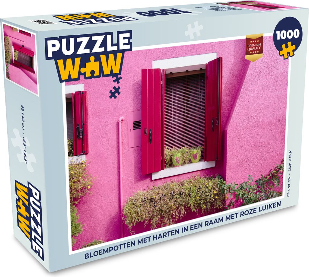 MuchoWow Puzzle 1000 Teile Blumentöpfe mit Herzen in einem Fenster mit rosa Fensterläden - Erwachsene - Rätsel