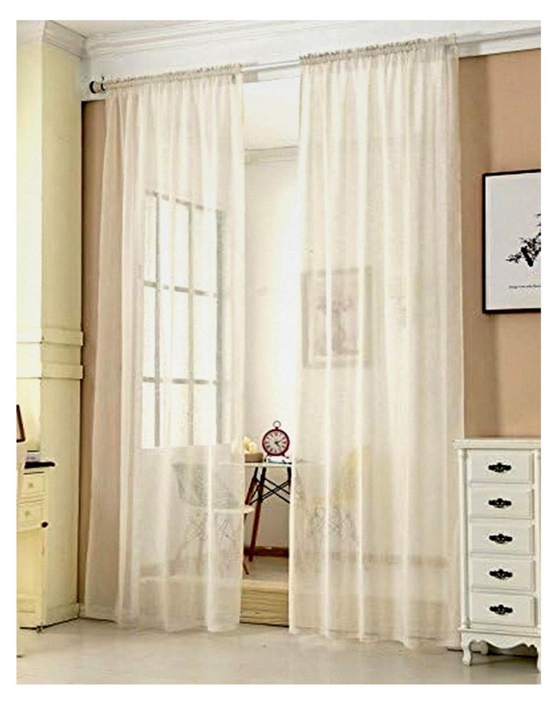 2er Set Gardinen, Vorhänge für Wohnzimmer, Kinderzimmer und Schlafzimmer, mit Kräuselband, Leinenoptik, halbtransparent, 140 x 245 cm, Creme