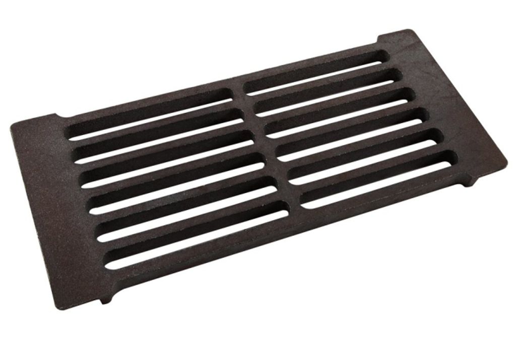 A dark brown cast iron grate is shown from a slightly elevated angle against a white background.