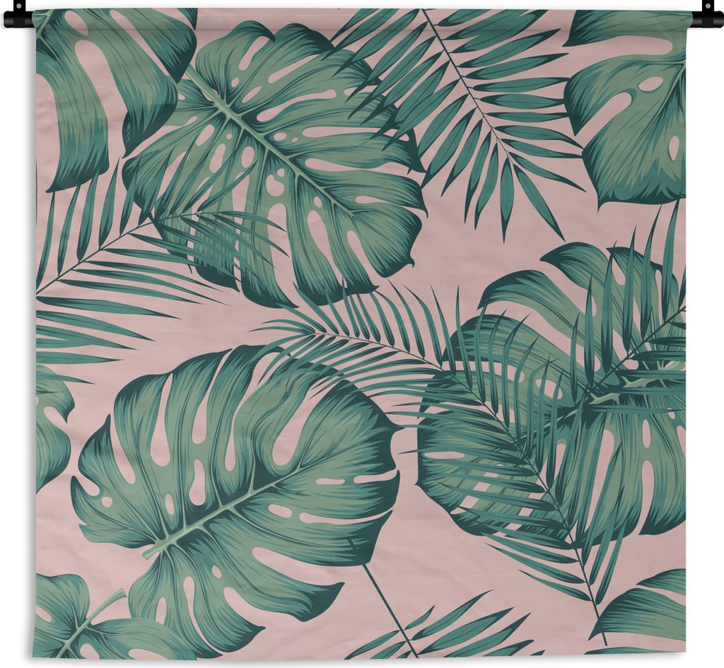 MuchoWow Wandteppich Wandbehang Blätter - Rosa - Muster - Mädchen - Kinder - Grün - Kind 120x120 cm Tapisserie Dekoration Wandtuch - Modern - ...