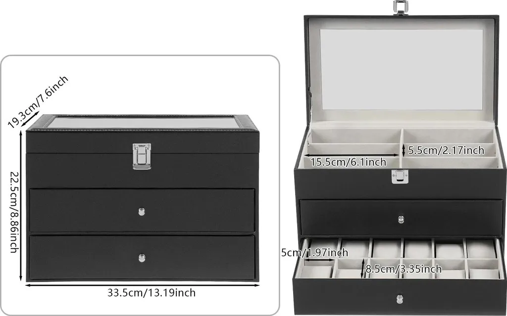 Coffret Lunettes 24 Compartiments 3 Étages Bois Noir - Rangement Top - 4