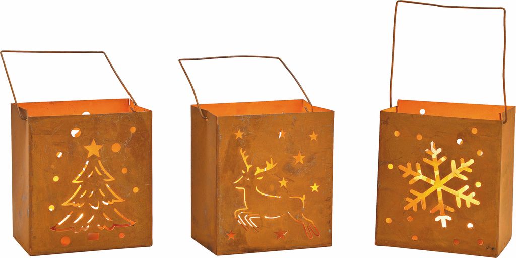 Windlicht in Rost Optik 3er - WEIHNACHTEN - Tanne, Hirsch, Produktbild 