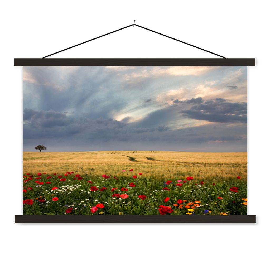 MuchoWow Textilposter Blumen - Weizen - Wolken 150x100 cm mit schwarzem Rahmen - Schlafzimmer