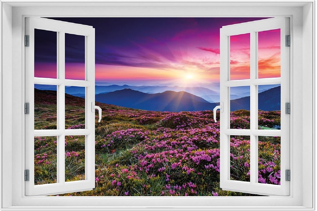 Wallario Wandbild mit Fenster-Illusion: Blumenbedeckte Wiese bei Sonnenuntergang, Größe: 61 x 91,5 cm, Poster mit weißem Aluminiumrahmen