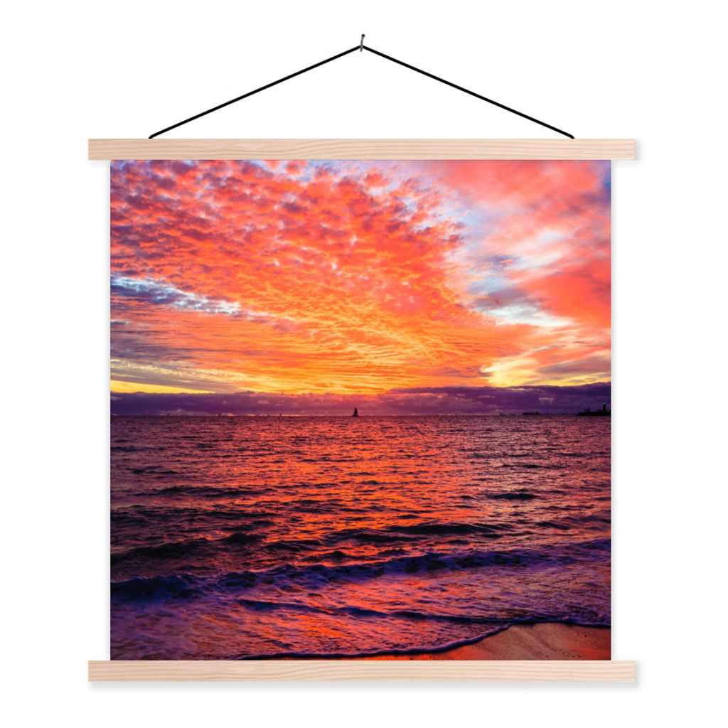 MuchoWow Textilposter Sonnenuntergang - Strand - Rot 120x120 cm mit holzfarbenen Rahmen - Textil-Poster
