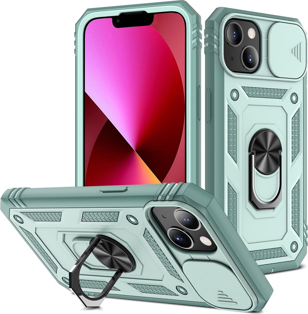 iPhone 13 Mini Hülle, Schiebe Kamera Schutz Robust Rüstung Stoßfest Schutzhülle mit Ringhalterung Ständer Kartenhalter für iPhone 13 Mini Rot