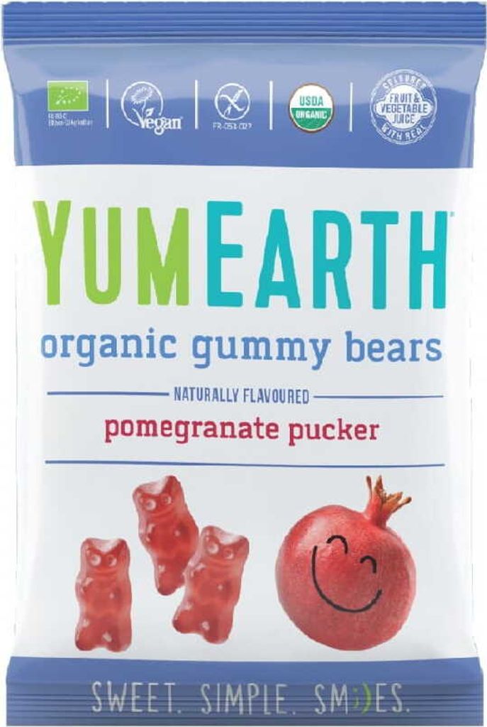 YumEarth Eko Fruchtgummi mit Granatapfelgeschmack und Produktbild 