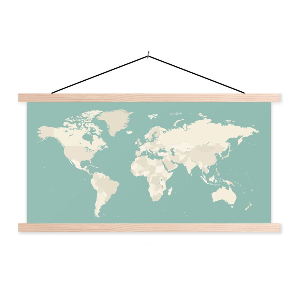 MuchoWow Textilposter Weltkarte - Kontur - Blau 120x60 cm mit holzfarbenen Rahmen - Klemmleiste