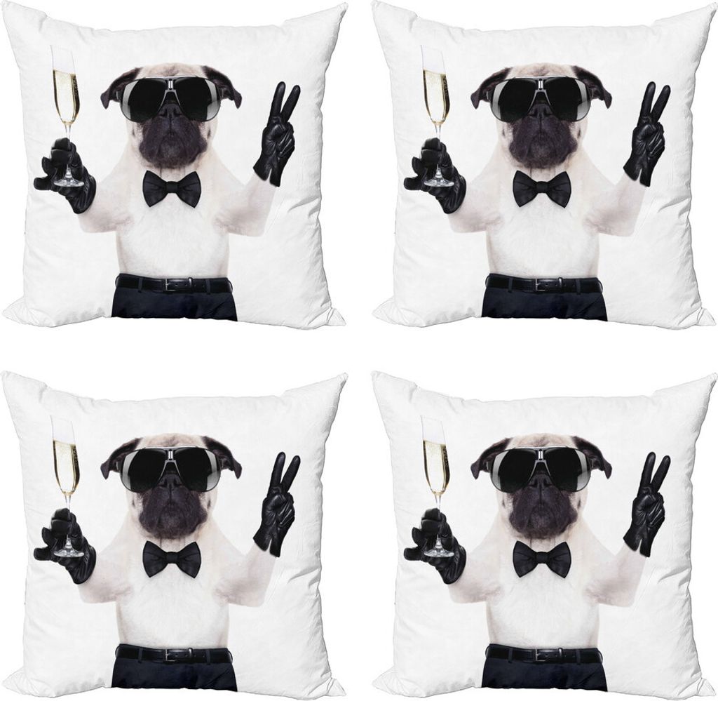 ABAKUHAUS Mops Kissenbezug Set (4 Stück), Hund Feiern Alkohol, Moderner Doppelseitiger Digitaldruck, 40 cm x 40 cm, Schwarz-weiße Creme