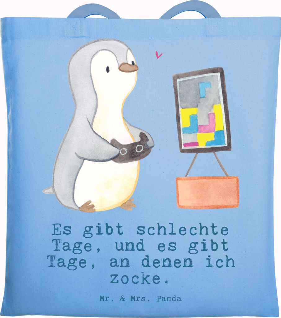 Mr. & Mrs. Panda campus tasche Pinguin Zocken - Sky Blue - Geschenk, Videogames, Gaming, Jutebeutel, Shopping, Videospiele, Schultasche, Laptoptasc...