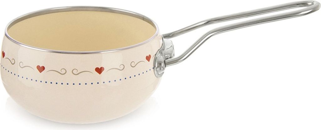 A cream-colored saucepan with a decorative heart pattern and a silver handle, isolated on a white background.