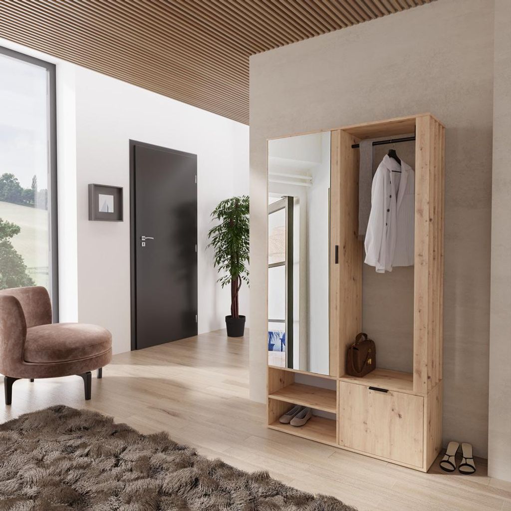Garderobe 100 cm breit in Eiche mit Kleiderstange