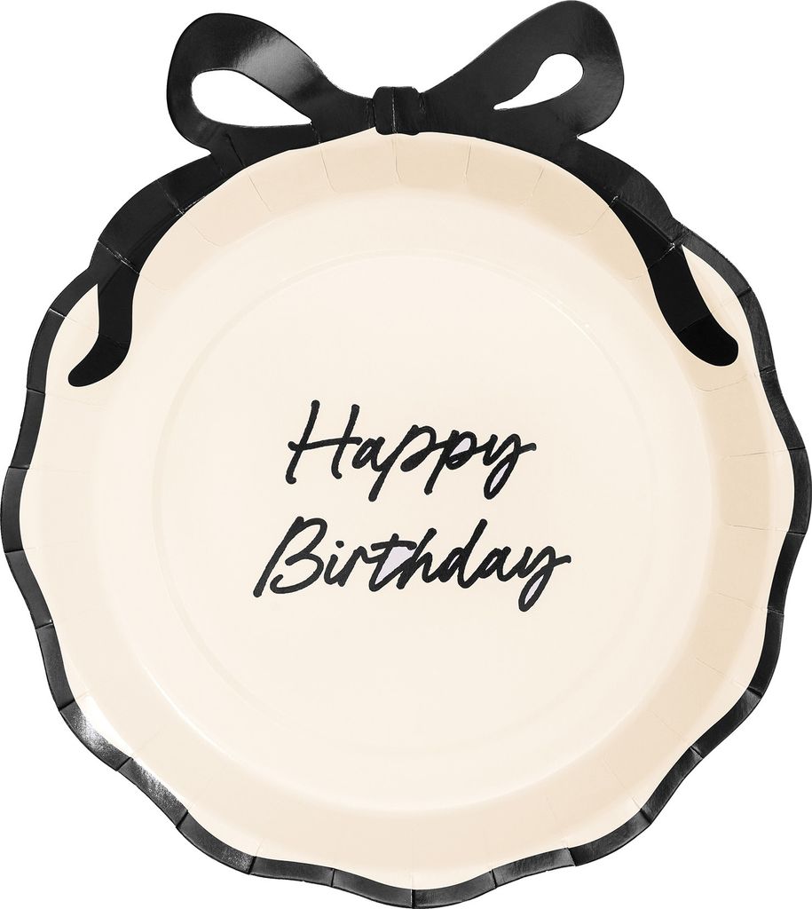 Pappteller Happy Birthday 24cm mit Schleife 6er Set Ivory Schwarz