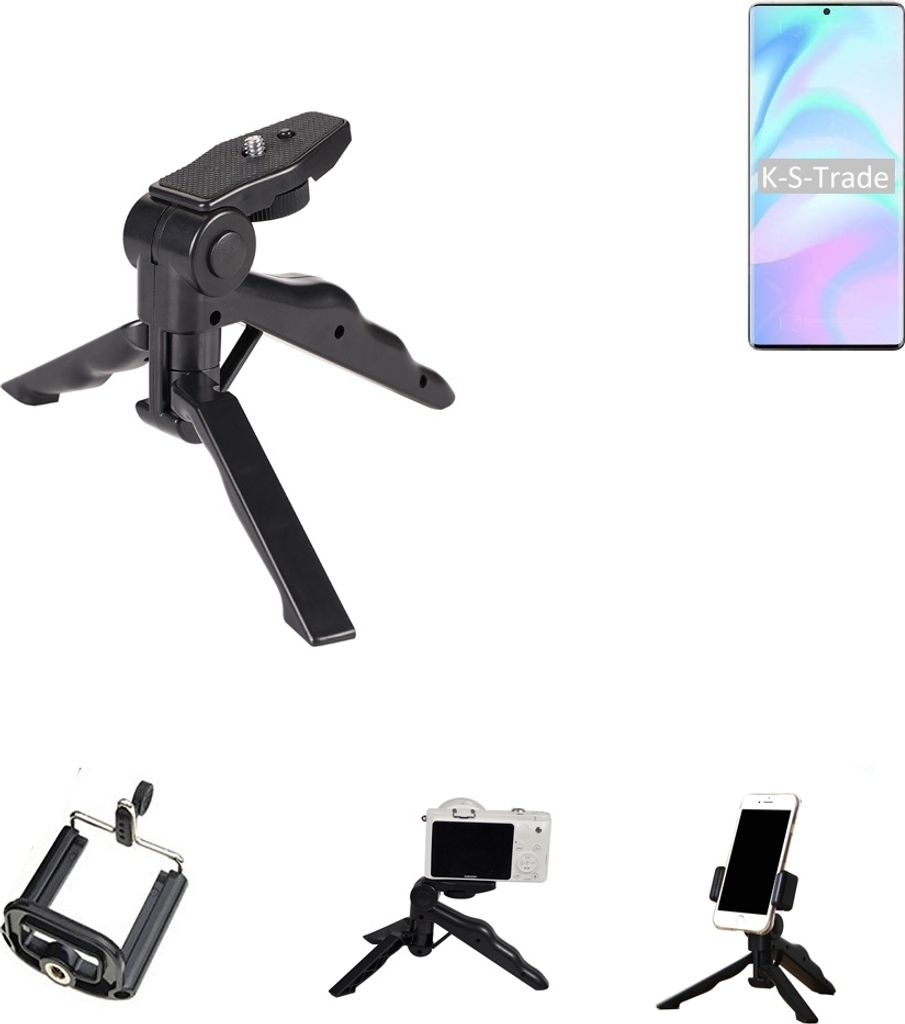 K-S-Trade Stativ Tisch-Ständer Dreibein Handy-Stativ Ständer kompatibel mit ZTE Axon 31 Ultra 5G Mini-Stativ Smartphone Tripod Handy-Stativ aus