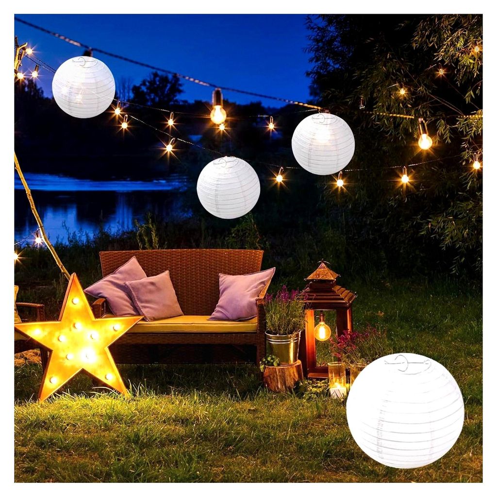 4er Set weiße Papierlaternen Ø 20 cm rund Ballform, Bamboo Style gerippter Lampenschirm für Party, Garten und Hochzeitsdekoration