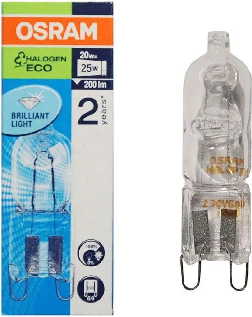 A product shot of an OSRAM Halogen Eco light bulb and its packaging.